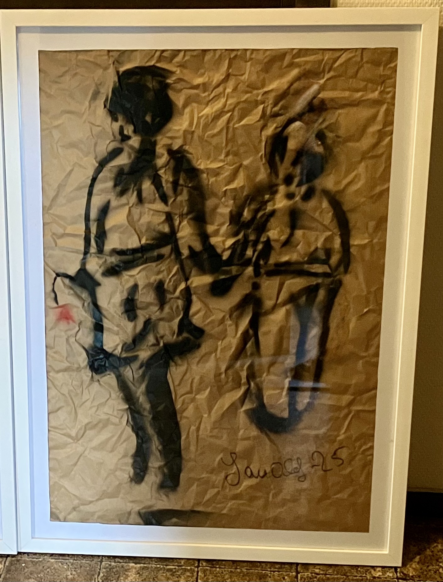 My grafittichildren on the road with flower in hand. Grafitti on paper. 2025