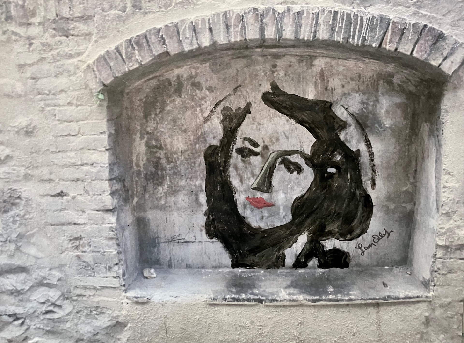 Ingrid Bergman looks out towards Stromboli, Monteodorisio Italy. Street art, graphic sheet 2024 Jan Olof